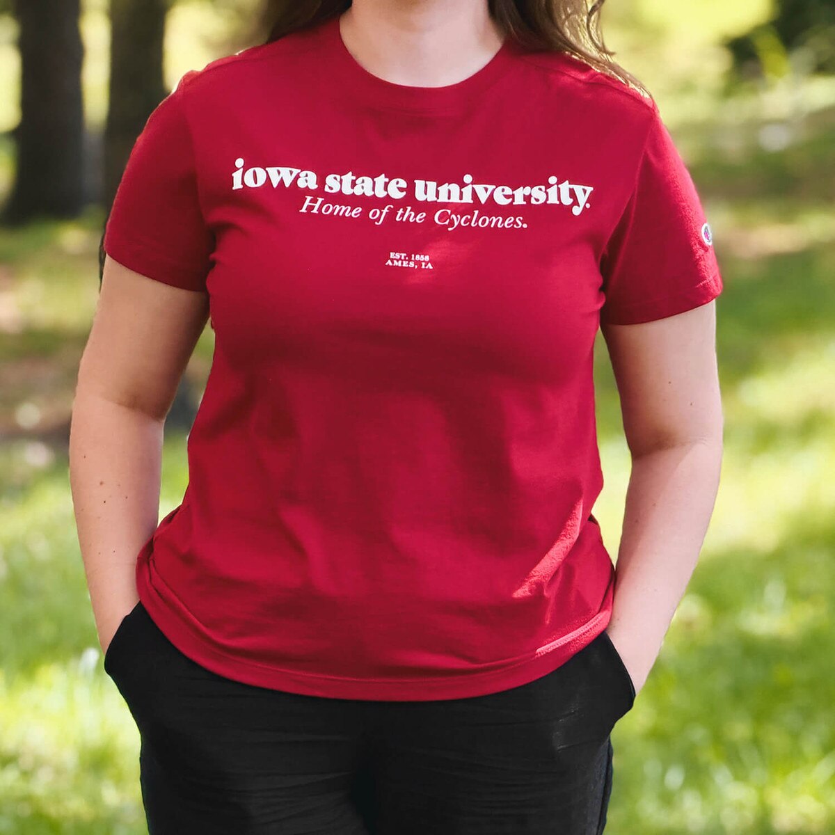 Champion Women's Iowa State University Cardinal Short Sleeve T-Shirt design close up